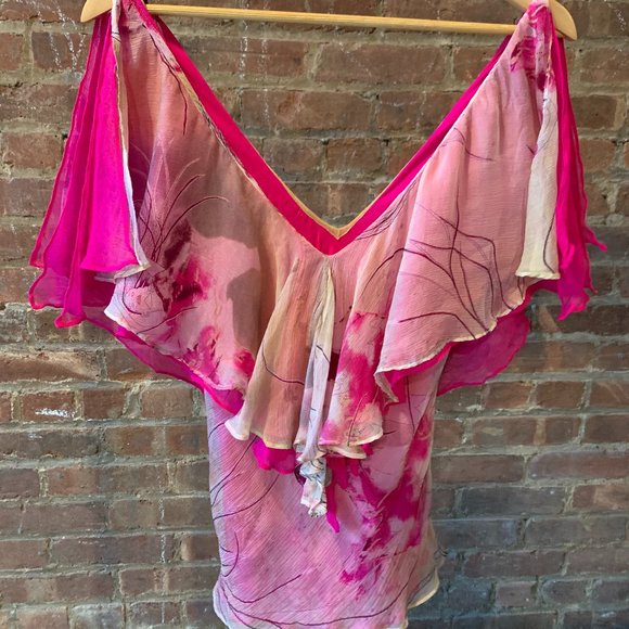 CATHERINE MALANDRINO 100% Silk Pink Tones Flounce Blouse - Picture 9 of 11